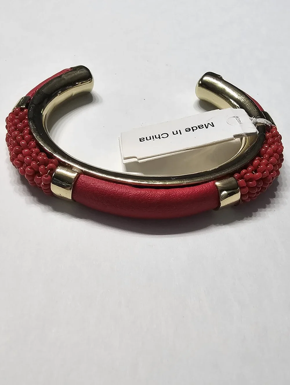 NWT Chunky Gold Red Leather & Beaded Statement Cuff Bracelet